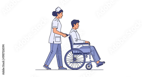 Professional Healthcare Vector Illustration Nurse Providing Compassionate Assistance to Male Patient in Wheelchair, Symbolizing Support and Medical Care