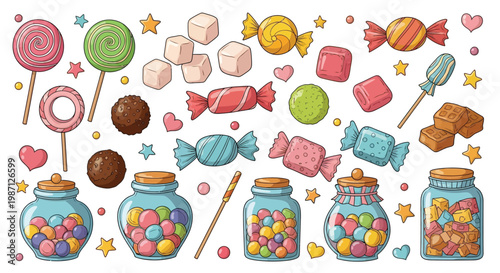 A vibrant collection of assorted candies, lollipops, and sweets displayed in jars and scattered across a white background, evoking a sense of childhood joy and sugary delight.