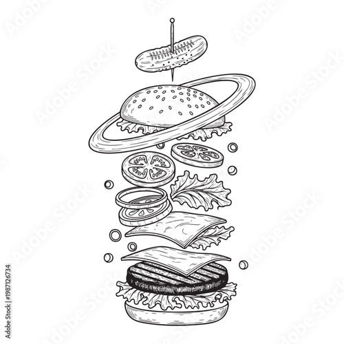 Cosmic Burger with Saturn Ring Bun Floating in Space — Exploded Galaxy Fast Food Vector Sketch