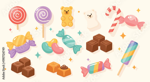 A vibrant collection of assorted candies and sweets, including lollipops, gummy bears, chocolates, and popsicles, arranged on a light background with sparkling accents.