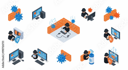 Cybersecurity threat icons showing computer virus and hacker attacks.