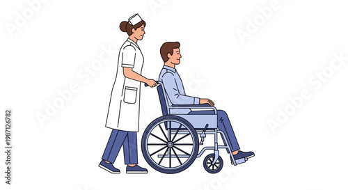 Vector illustration of a nurse pushing a patient in a wheelchair, symbolizing care, medical assistance, and patient mobility