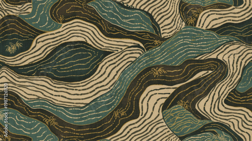 AI-Generated seamless batik pattern inspired by terraced rice fields, with flowing contour lines, earthy green tones, and organic shapes reflecting natural landscape aesthetics
