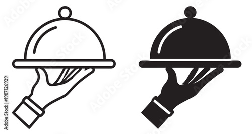 waiter hand holding tray with cloche, restaurant food serving icon isolated on transparent background
