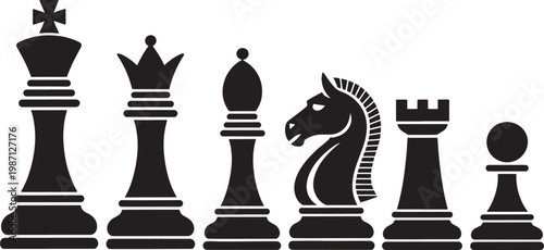 Black silhouette of chess pieces set isolated on transparent background