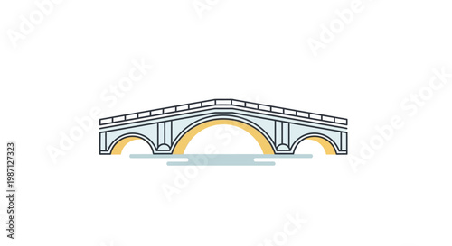 Graphic illustration of a yellow and blue arched bridge structure on a white background.