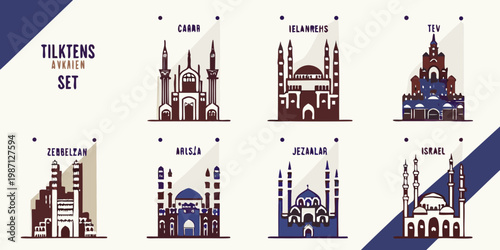 Illustrative depictions of various middle eastern and european mosques
