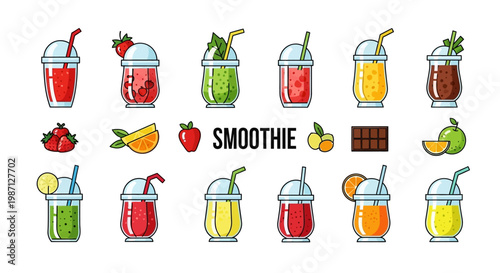 Illustrated assortment of smoothies and ingredients, a vibrant culinary collection