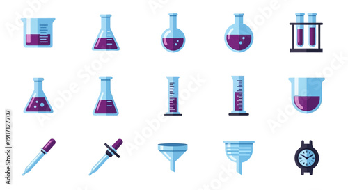 Illustrated chemical equipment icons collection, depicting scientific instruments and lab tools