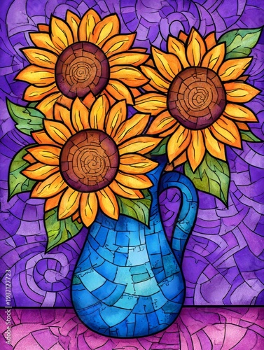 The green vase contains sunflowers, a pink flower, and a green bud, set against a pastel background