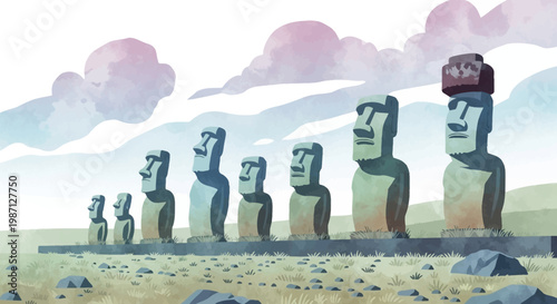 Easter Island Moai Statues Landscape Illustration