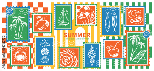Summer postage stamps. Hand drawn design elements with palm trees, yacht, lemons, crab, seashells, sardines, sun lounger. Vector illustration for about travel and vacation
