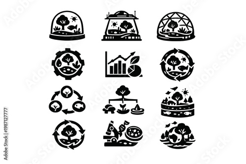 Design generation vector set ecosystem image black icon artificial engineered symbol biosphere