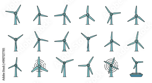 Illustrated collection of wind turbines showcasing renewable energy technology and sustainable