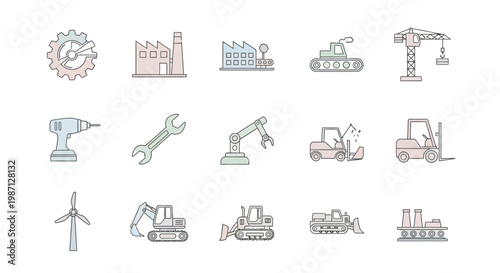 Illustrated Industrial and Construction Icons Depicting Factory, Tools, and Machinery