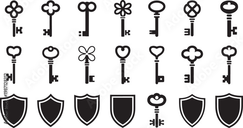 Collection of ornate key icons and classic shield silhouettes for security and protection concepts