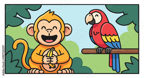 Cute cartoon monkey with banana and colorful parrot sitting on branch in a tropical forest