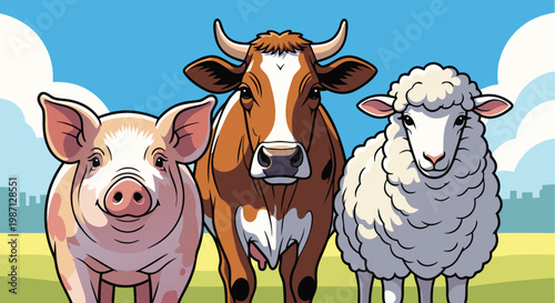 A happy pig, a brown cow, and a fluffy sheep stand together in a field under a blue sky with clouds