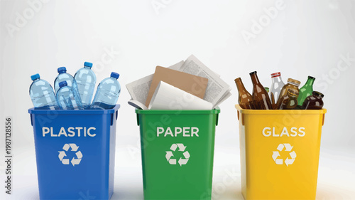 Colorful recycling bins for plastic paper and glass waste management