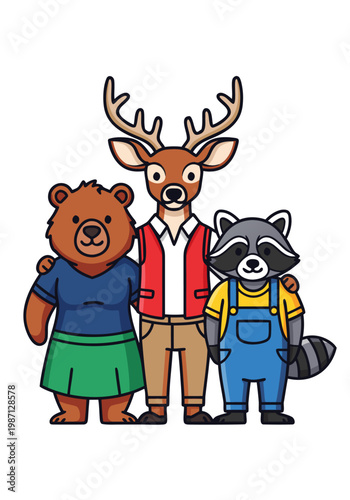Cartoon Animals Friendship A Bear, Deer, and Raccoon Posing Together in a Studio