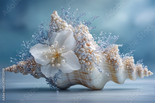 An open seashell displays a trove of gleaming pearls against a pastel backdrop