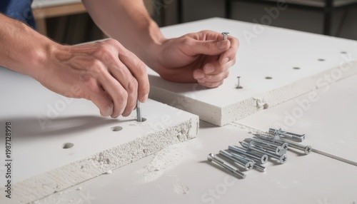 Closeup of technicians examining drywall fastener samples evaluating grip strength and installation ease on gypsum board sections.