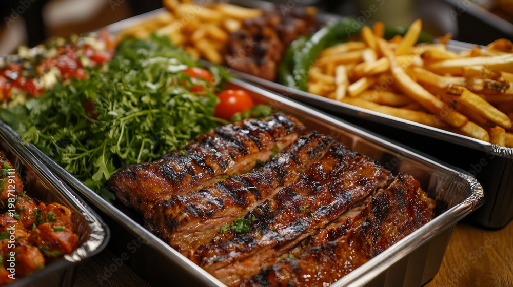Obraz premium Grilled Meat with Side Dishes in Catering Trays