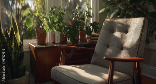 Interior of a living room featuring plants and wooden furniture