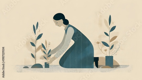 Minimalist art deco vintage illustration of a gentle woman standing in a field of flowers. Minimalist illustration of a woman in profile, capturing the essence of slow living and sustainability