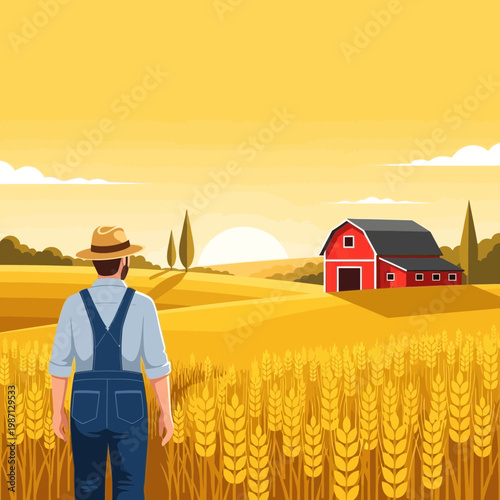 Man Harvesting Wheat at Sunset Near a Red Barn on a Farm