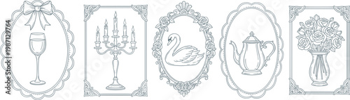 Vintage ornate frames, decorative classical borders, wine glass, candelabrum, swan, teapot, rose vase, elegant antique artwork, flat vector illustration