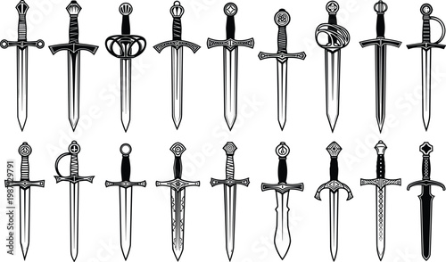 Sword icon collection, medieval weapon designs, fantasy blades, ornate hilts, decorative patterns, historical styles, combat symbols artwork, flat vector illustration