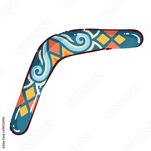 An artistic boomerang adorned with intricate patterns and vibrant colors, representing culture, tradition, and the playful spirit of return and connection in a modern design.