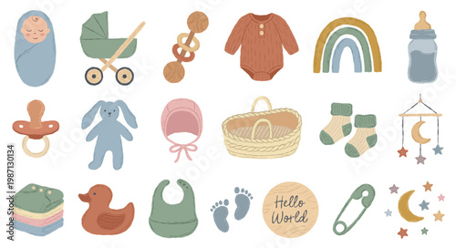 Newborn essentials set. Toys, gear, and clothing. Flat, modern Scandi style.