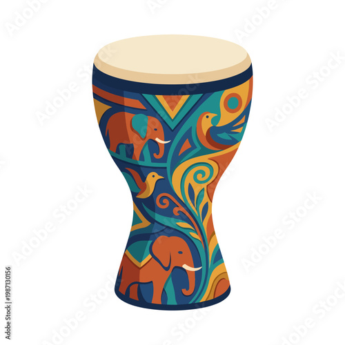 This vibrant drum showcases a unique artistic design featuring playful elephants and birds, embodying cultural heritage and artistic creativity in a striking color palette.