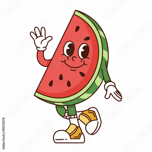 This cheerful image features a smiling watermelon character with arms and legs, exuding joy and playfulness that's sure to bring a smile to anyone's face.