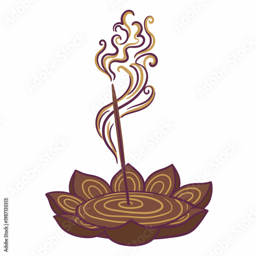 A serene illustration featuring an incense stick placed in an elegantly designed lotus holder, with aromatic smoke wafting upwards, embodying tranquility and calmness in life.