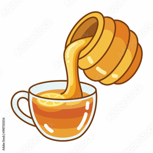 Delicious honey being poured into a cup with a slice of lemon, symbolizing sweet moments and the warmth of comforting beverages enjoyed in everyday life.