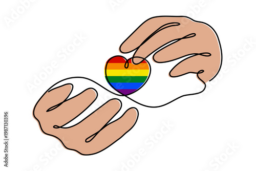 Hand with LGBT heart flag rainbow one line art, hand drawn pride month decoration continuous contour. People's rights diversity equality identity outline design. Editable stroke. Isolated. Vector 