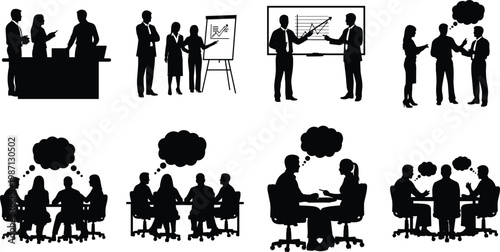 Set of vector silhouettes of business people in various meeting scenarios, brainstorming sessions, presentations, and office discussions isolated on a white background for corporate designs.