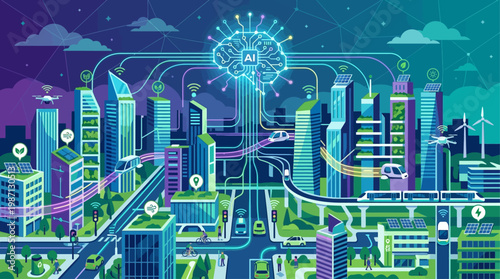 This flat design illustration visualizes a smart city where artificial intelligence and the Internet of Things integrate to optimize urban infrastructure. 
