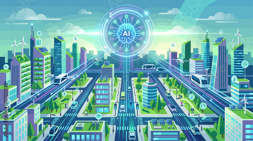 This flat design illustration visualizes a smart city where artificial intelligence and the Internet of Things integrate to optimize urban infrastructure. 