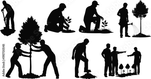 People planting tree silhouettes collection showing gardening, watering and environmental care activities, nature conservation concept, teamwork planting trees, black vector illustration isolated 