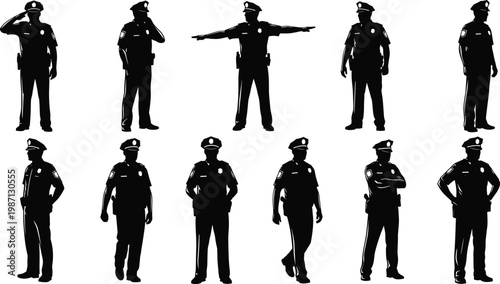 Police officer silhouettes collection showing standing, saluting and directing poses, law enforcement security concept, uniformed guard authority figures, black vector illustration isolated