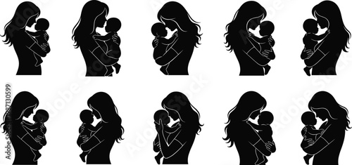 Mother and baby silhouette collection showing loving parent holding newborn, maternal care, affection and bonding moments, family motherhood concept, black vector illustration isolated