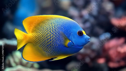 Vibrant tropical fish with yellow fins and blue body in aquarium