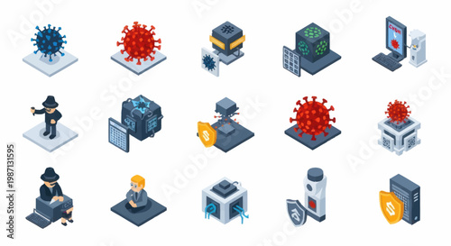 Cybersecurity and virus protection icons in isometric style.