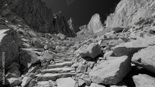 Rocky mountain path climbing a treacherous steep terrain with a challenging ascent