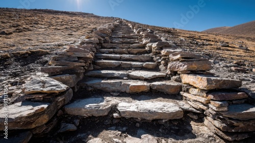 Uneven Stone Steps Ascending a Rocky Volcanic Slope Under a Bright Sky