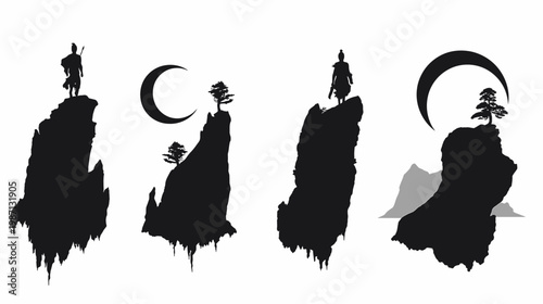 Silhouettes of figures on rocky peaks with moons and sparse trees, grayscale vector graphic